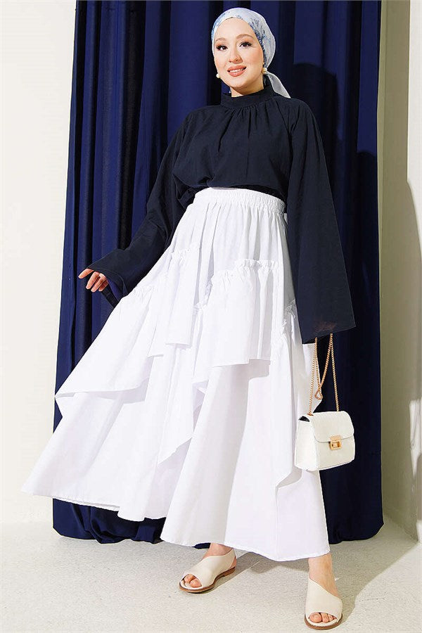 White Gathered Skirt with Elastic Waistband