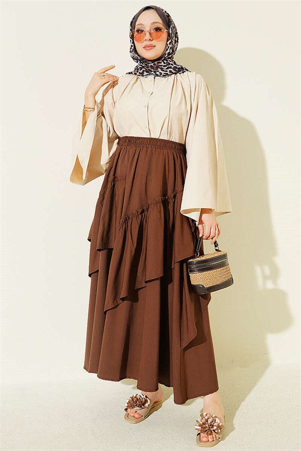 Gathered Skirt with Elastic Waistband, Brown