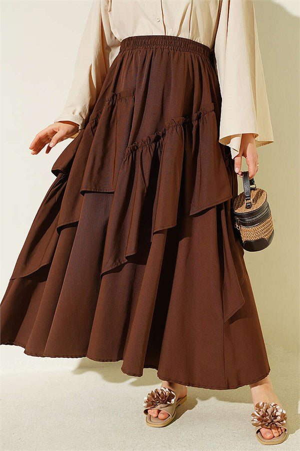 Gathered Skirt with Elastic Waistband, Brown