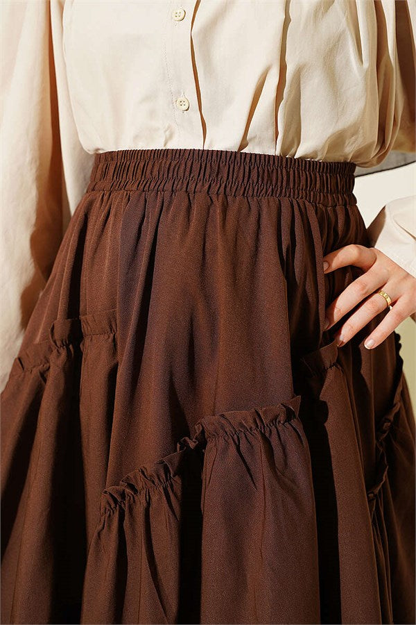 Gathered Skirt with Elastic Waistband, Brown