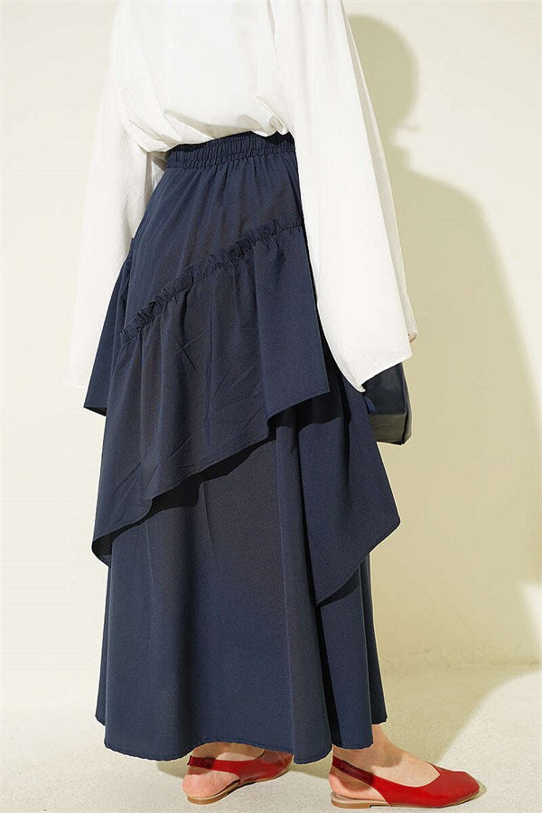 Navy Blue Gathered Skirt with Elastic Waistband