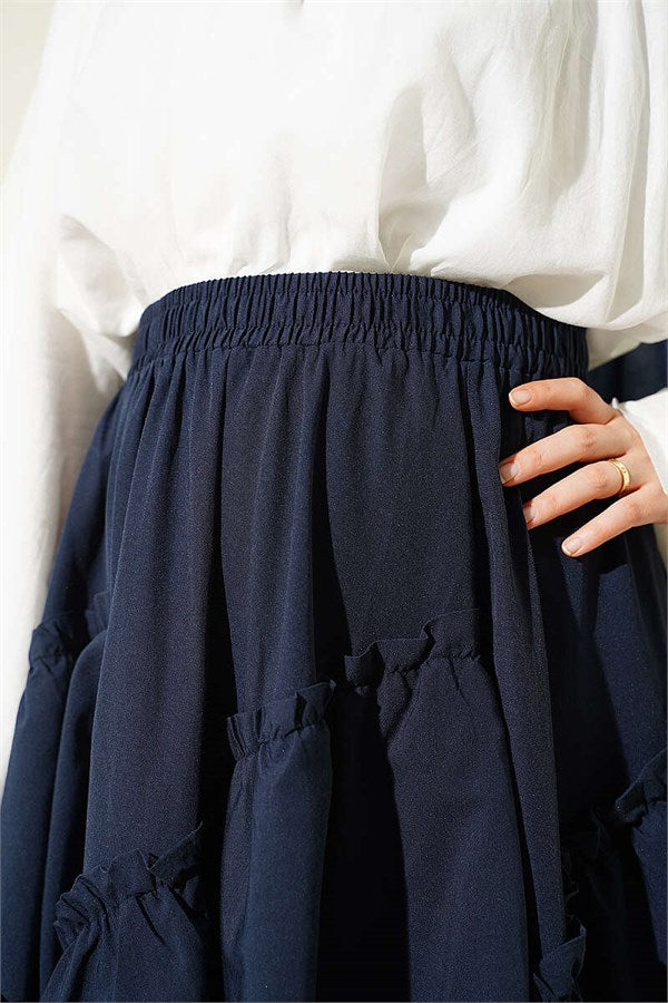 Navy Blue Gathered Skirt with Elastic Waistband