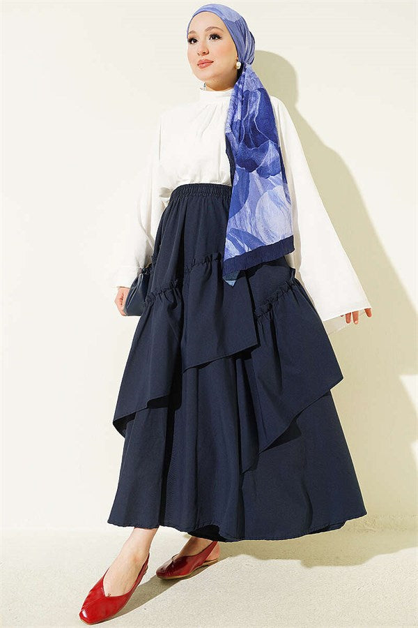 Navy Blue Gathered Skirt with Elastic Waistband