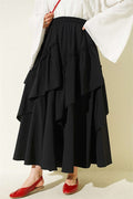 Black Gathered Skirt with Elastic Waistband