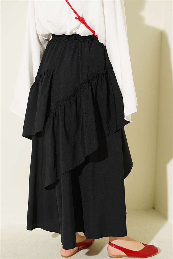 Black Gathered Skirt with Elastic Waistband