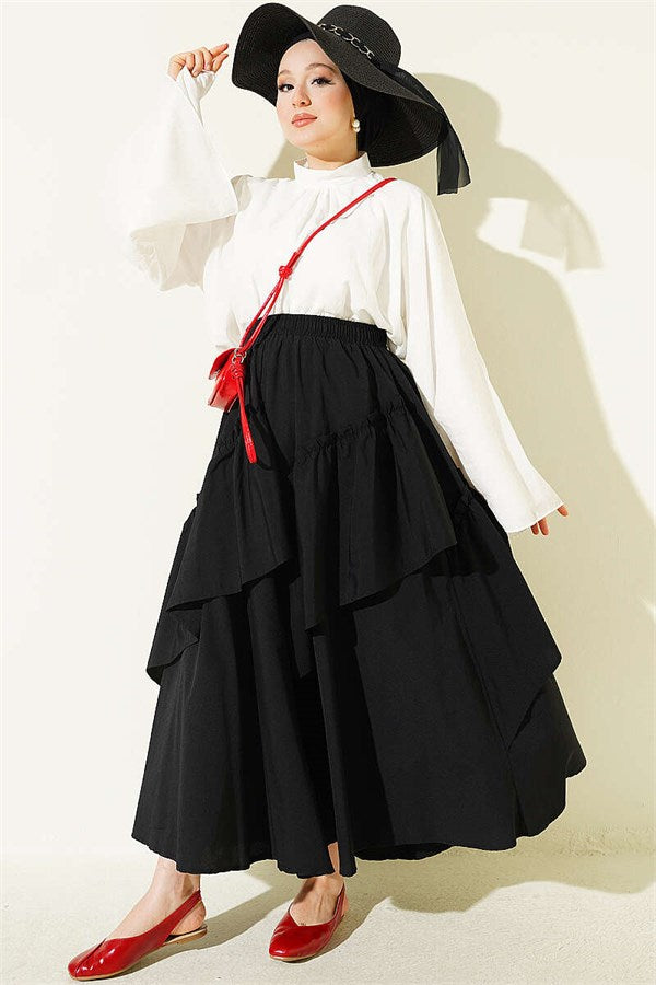 Black Gathered Skirt with Elastic Waistband
