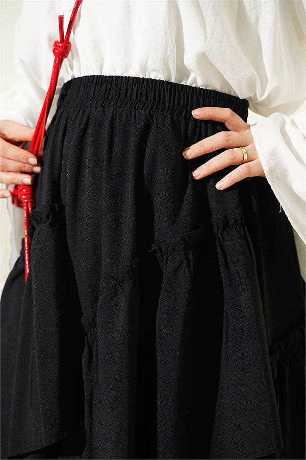 Black Gathered Skirt with Elastic Waistband
