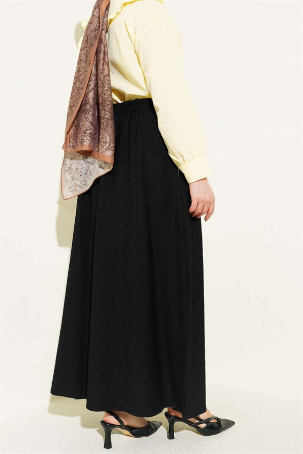 Black Gathered Flared Skirt with Elastic Waistband