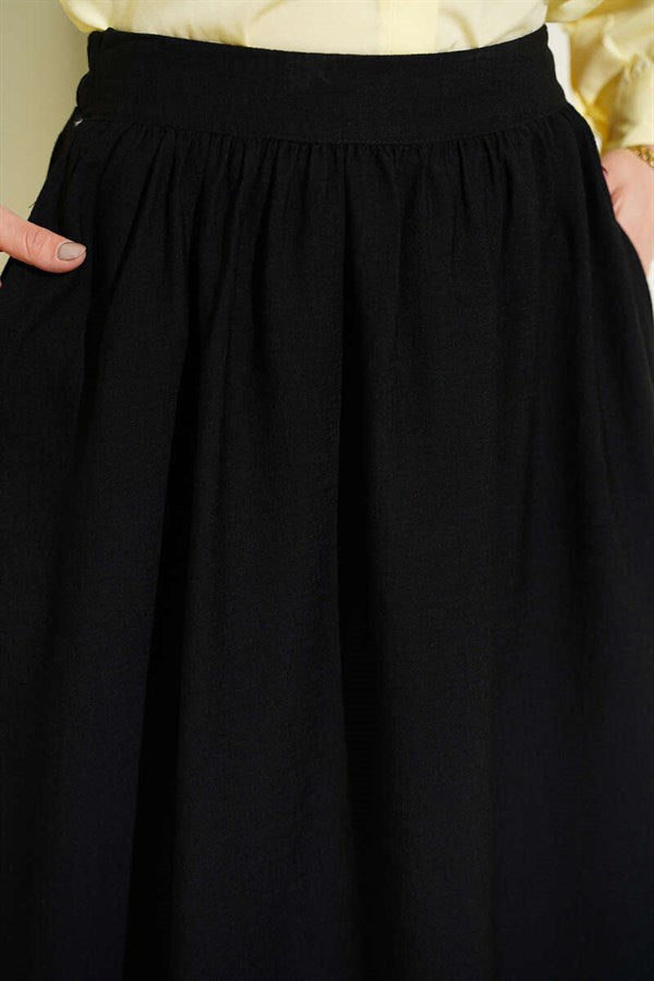 Black Gathered Flared Skirt with Elastic Waistband