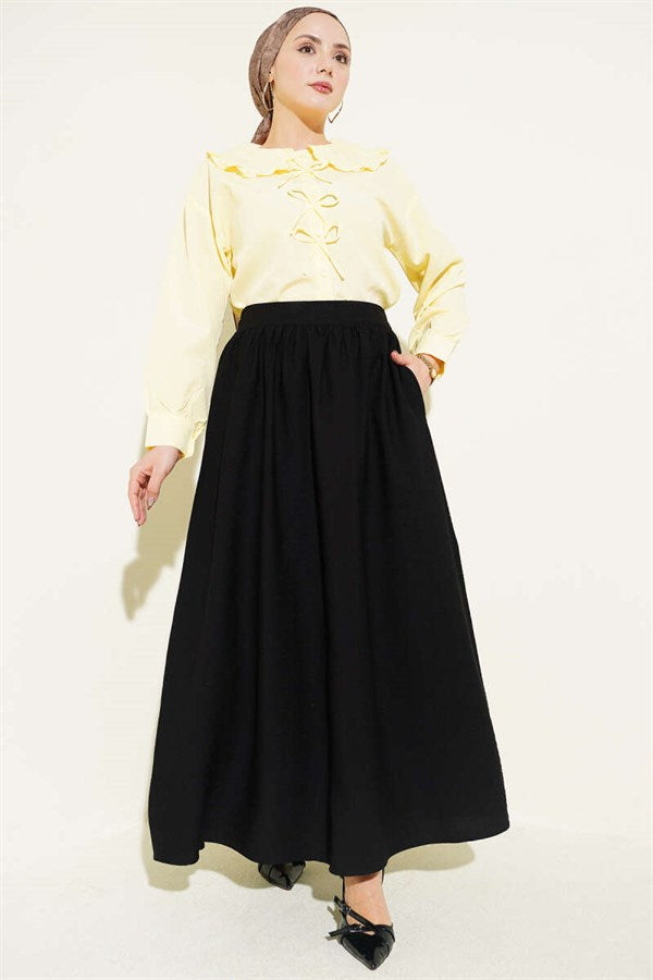 Black Gathered Flared Skirt with Elastic Waistband