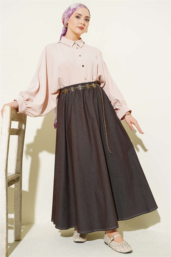 Denim Skirt with Elastic Waist and Pocket Details, Brown