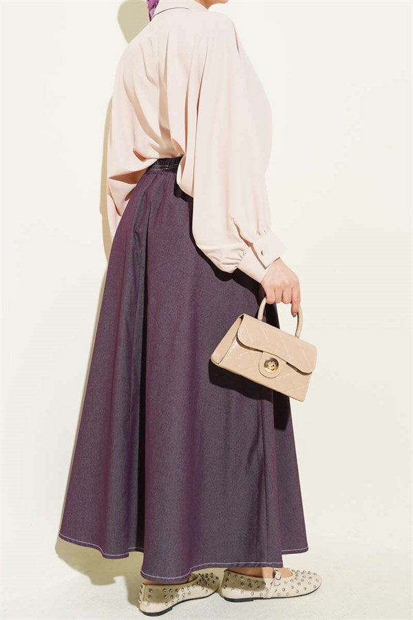 Denim Skirt with Elastic Waistband and Pocket Details, Plum