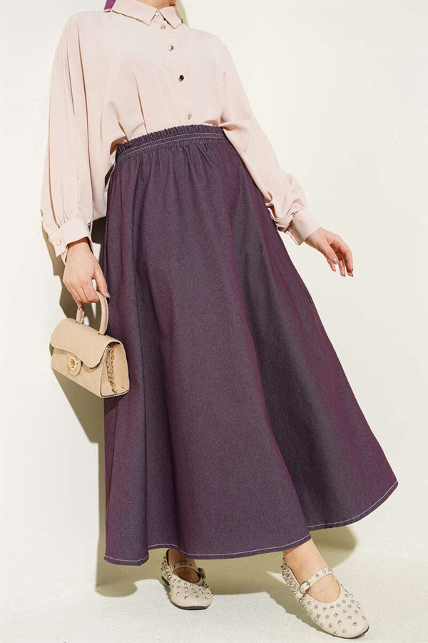Denim Skirt with Elastic Waistband and Pocket Details, Plum