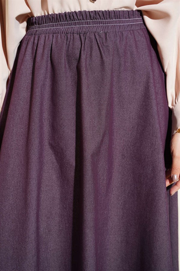 Denim Skirt with Elastic Waistband and Pocket Details, Plum
