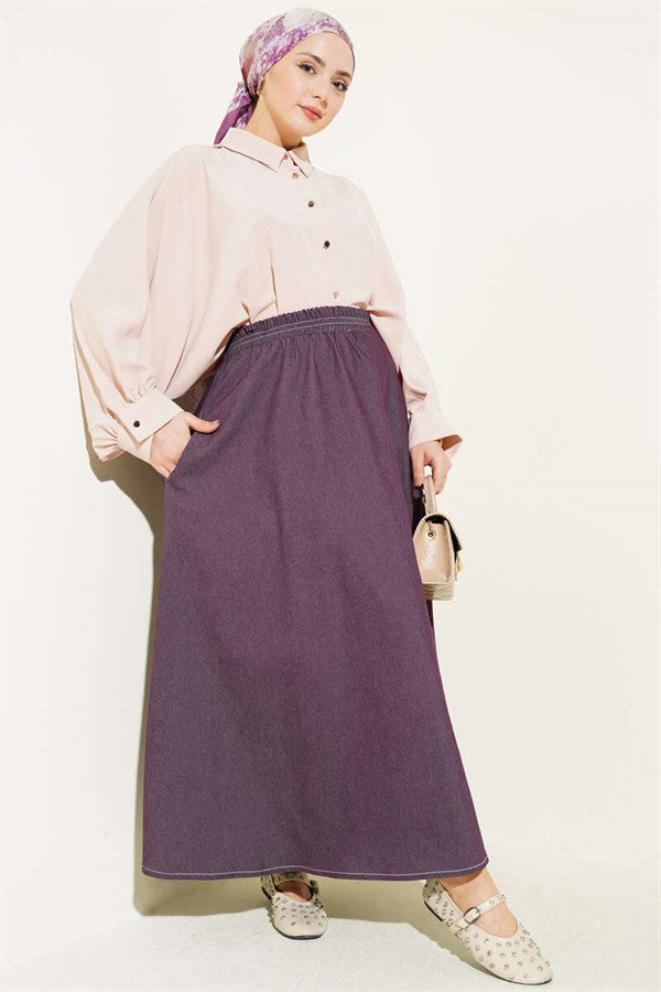 Denim Skirt with Elastic Waistband and Pocket Details, Plum