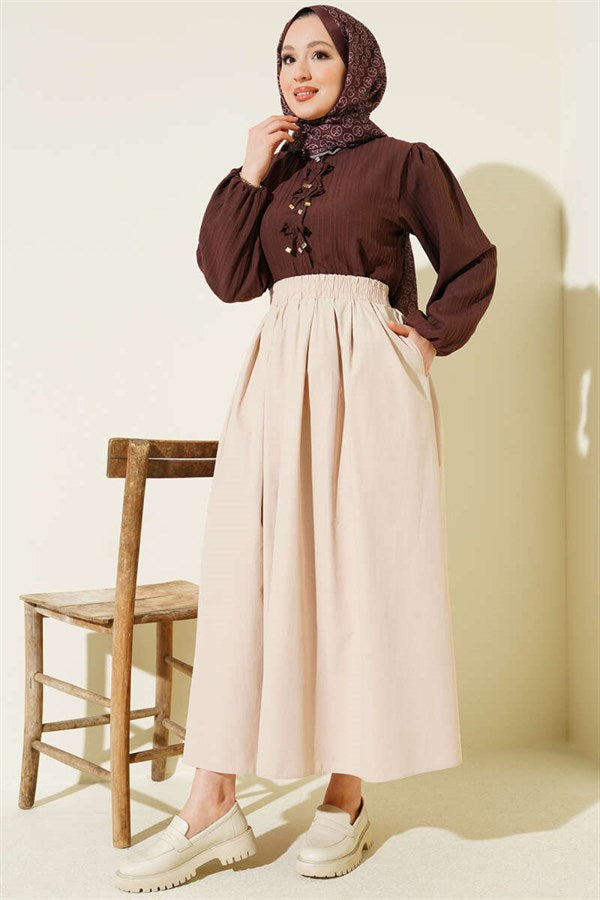 Poplin Skirt with Elastic Waist and Pockets, Beige