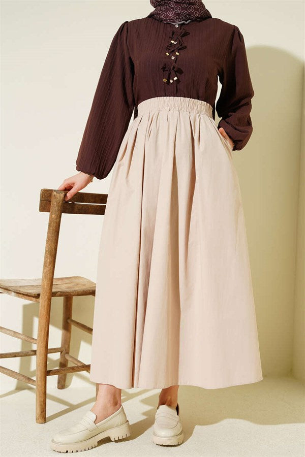 Poplin Skirt with Elastic Waist and Pockets, Beige