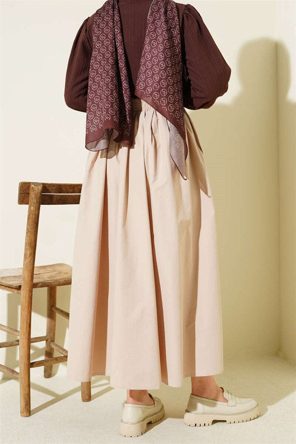 Poplin Skirt with Elastic Waist and Pockets, Beige