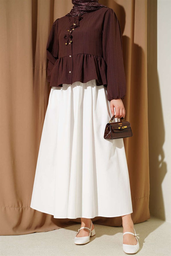 White Poplin Skirt with Elastic Waist and Pockets