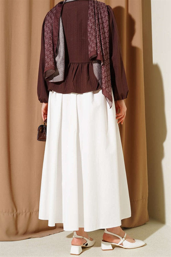 White Poplin Skirt with Elastic Waist and Pockets