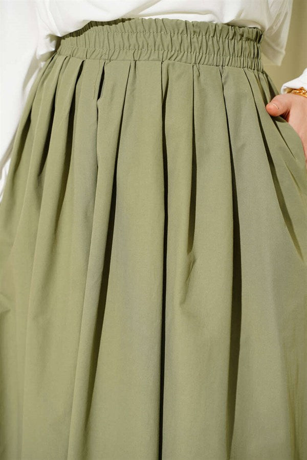 Poplin Skirt with Elastic Waist and Pockets, Light Green