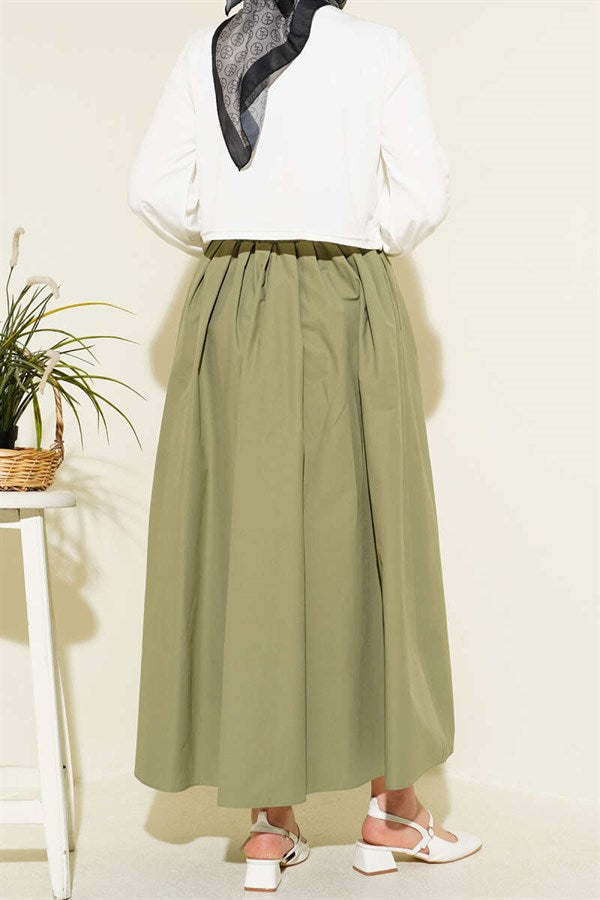 Poplin Skirt with Elastic Waist and Pockets, Light Green