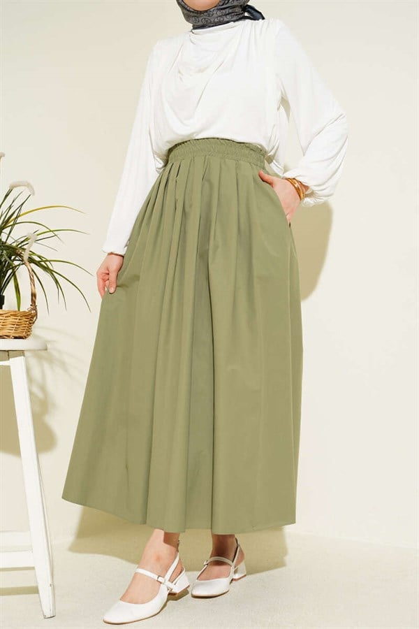 Poplin Skirt with Elastic Waist and Pockets, Light Green