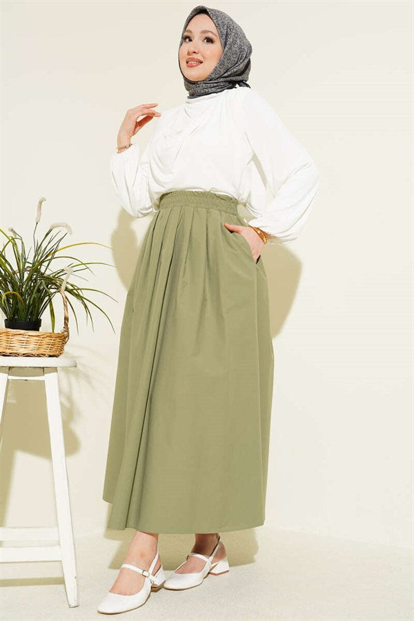 Poplin Skirt with Elastic Waist and Pockets, Light Green