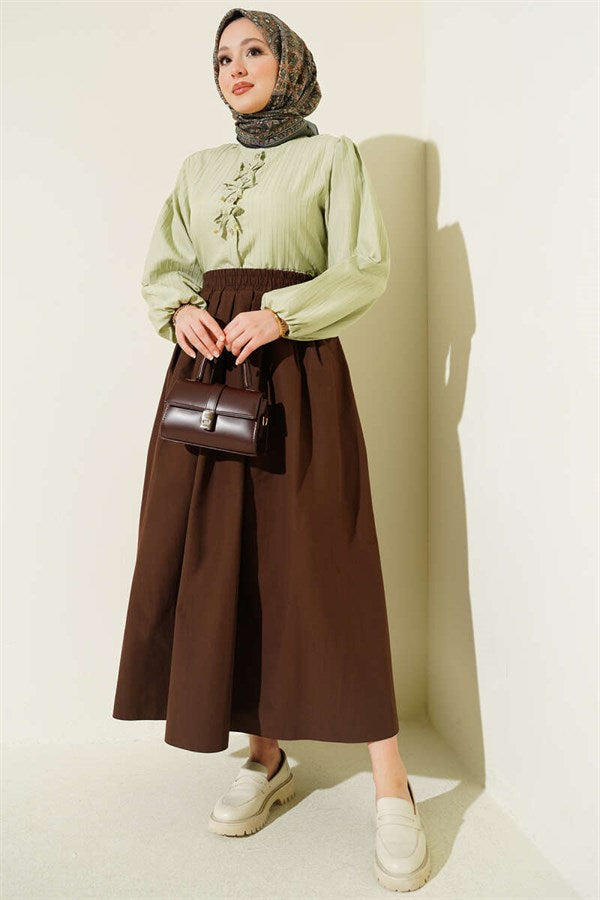 Poplin Skirt with Elastic Waist and Pockets, Brown