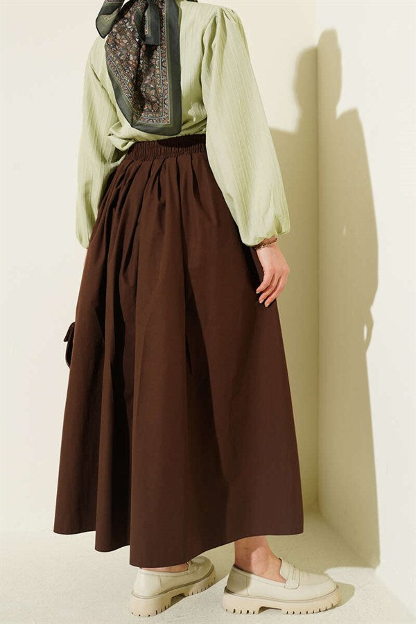 Poplin Skirt with Elastic Waist and Pockets, Brown