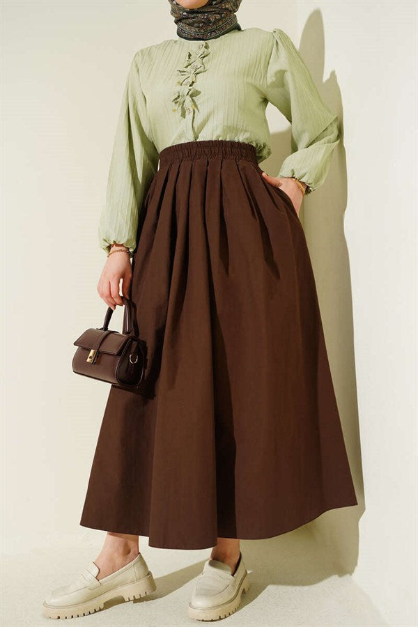 Poplin Skirt with Elastic Waist and Pockets, Brown