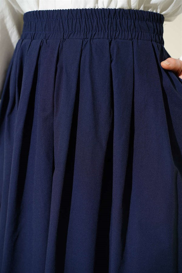 Navy Poplin Skirt with Elastic Waist and Pockets