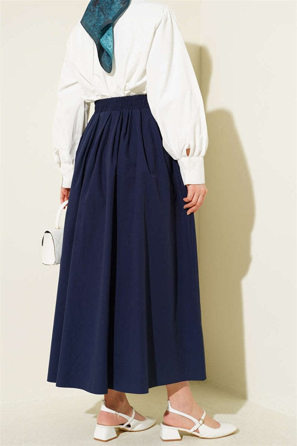 Navy Poplin Skirt with Elastic Waist and Pockets