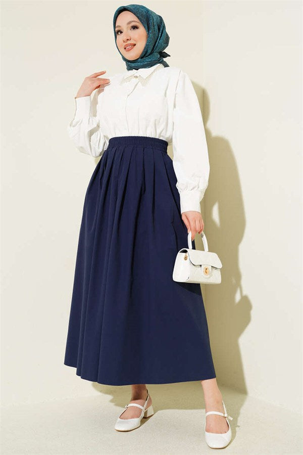 Navy Poplin Skirt with Elastic Waist and Pockets