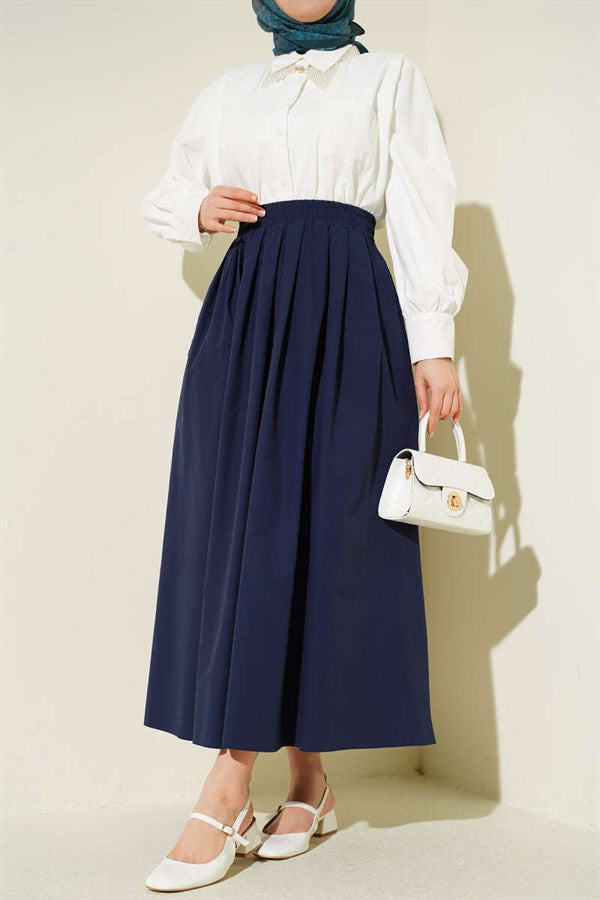Navy Poplin Skirt with Elastic Waist and Pockets