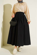 Black Poplin Skirt with Elastic Waist and Pockets