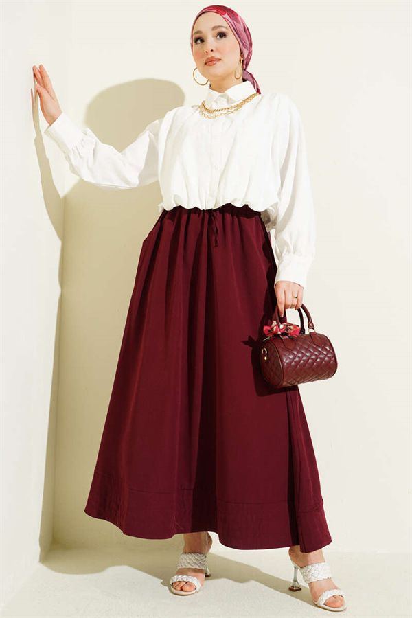 Tencel Skirt with Elastic Waist and Pockets, Burgundy