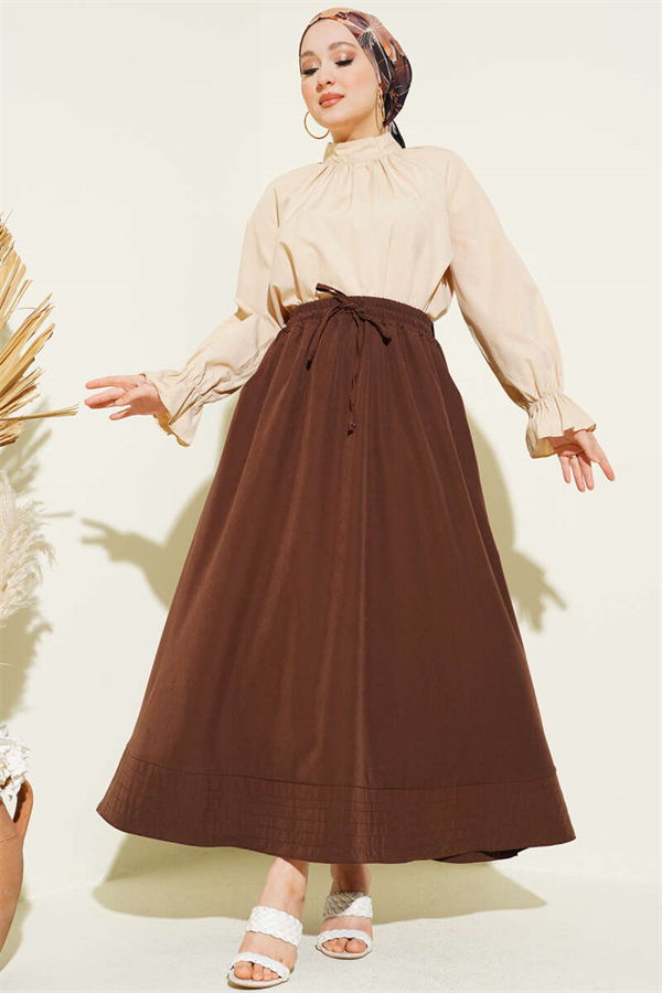 Tencel Skirt with Elastic Waist and Pockets, Brown