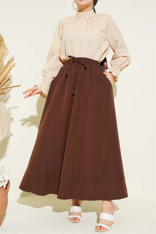 Tencel Skirt with Elastic Waist and Pockets, Brown