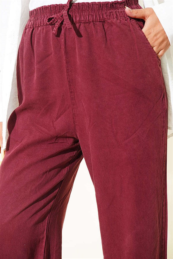 Tencel Trousers with Elastic Waistband and Pockets, Burgundy