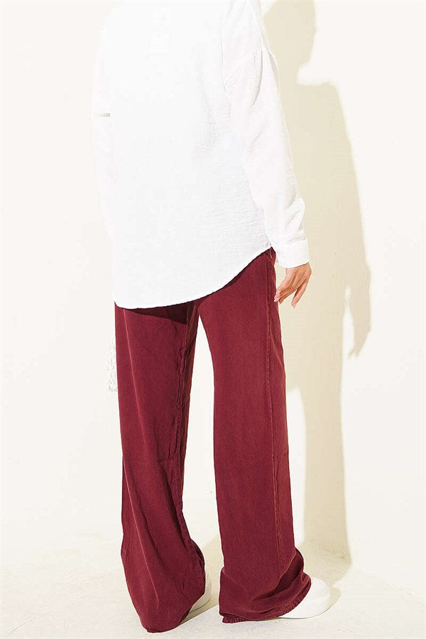 Tencel Trousers with Elastic Waistband and Pockets, Burgundy