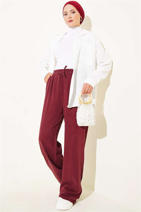Tencel Trousers with Elastic Waistband and Pockets, Burgundy