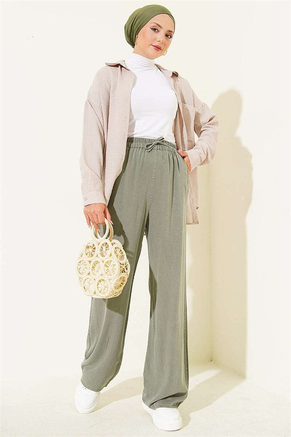 Tencel Trousers with Elastic Waistband and Pockets, Khaki