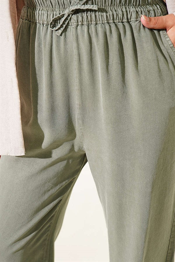 Tencel Trousers with Elastic Waistband and Pockets, Khaki