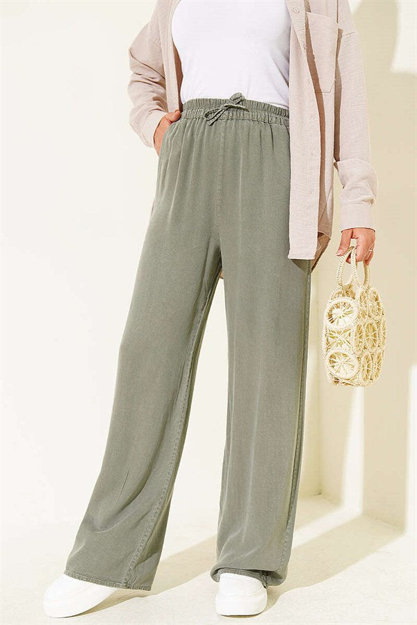 Tencel Trousers with Elastic Waistband and Pockets, Khaki