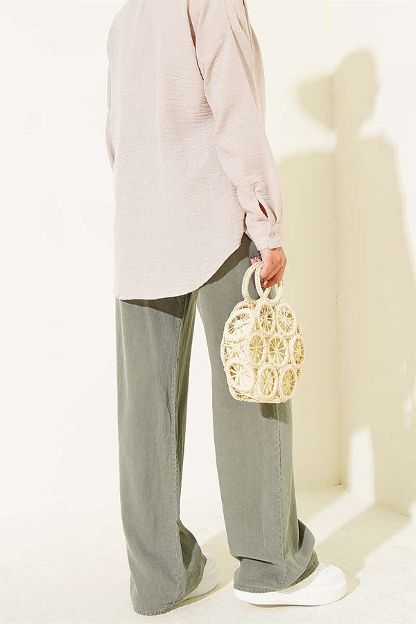 Tencel Trousers with Elastic Waistband and Pockets, Khaki