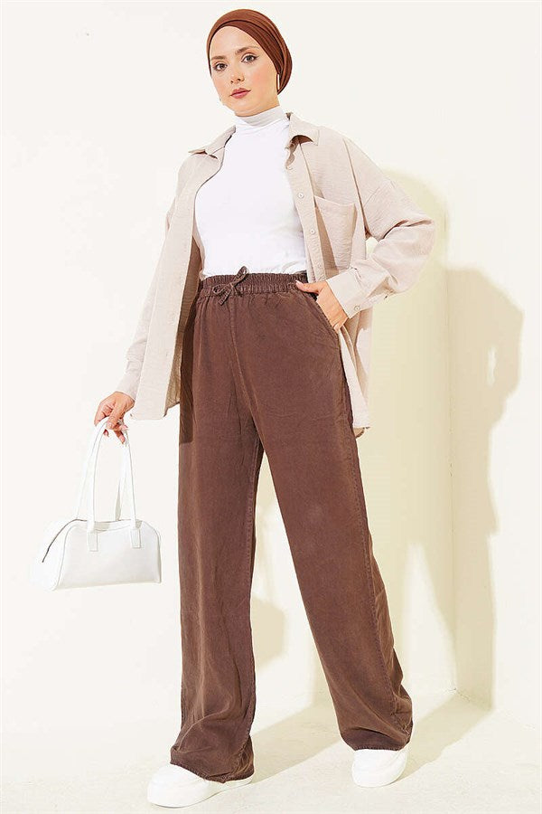 Tencel Trousers with Elastic Waistband and Pockets, Brown