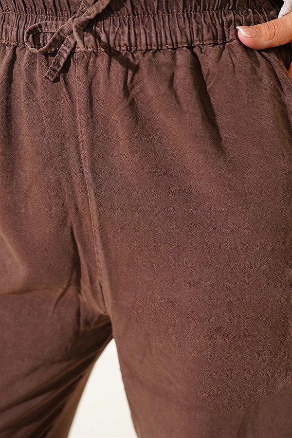 Tencel Trousers with Elastic Waistband and Pockets, Brown