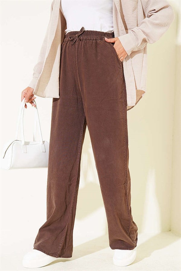 Tencel Trousers with Elastic Waistband and Pockets, Brown