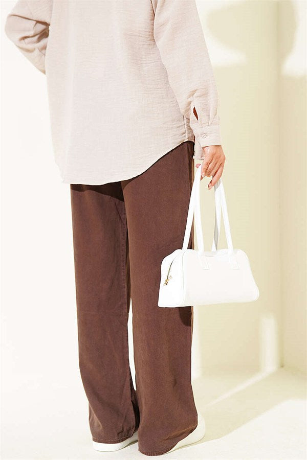 Tencel Trousers with Elastic Waistband and Pockets, Brown